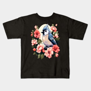 Cute Tufted Titmouse Surrounded by Vibrant Spring Flowers Kids T-Shirt